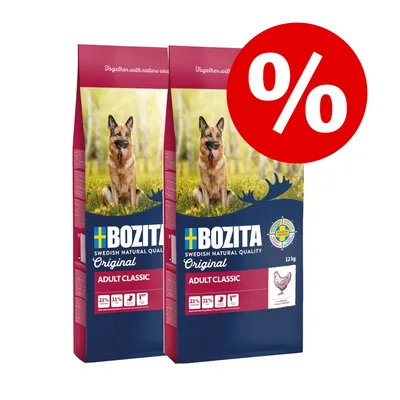 Bozita Adult Classic Original, 12kg Trockenfutter für Hunde mit Huhn. Angebot mit rotem Prozentzeichen.