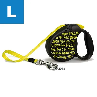 Retractable yellow lead with large size indicator, metal clip and handle. Text on casing reads 'flexi neon' repeatedly in yellow. Retractable yellow lead with large size indicator, metal clip and handle. Text on casing reads 'flexi neon' repeatedly in yellow.