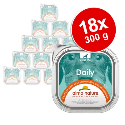 Pachet 18 x 300 g alimente pentru câini Almo Nature Daily, text vizibil: ADULT DOG, Daily, almo nature, OWNED BY THE ANIMALS, fără gluten, cu vițel și morcovi. Pachet 18 x 300 g alimente pentru câini Almo Nature Daily, text vizibil: ADULT DOG, Daily, almo nature, OWNED BY THE ANIMALS, fără gluten, cu vițel și morcovi.