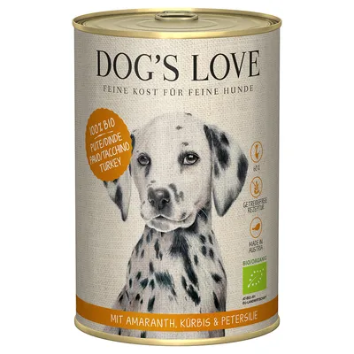 Dog's Love Feine Kost für feine Hunde, 100% Bio Pute, mit Amaranth, Kürbis & Petersilie, getreidefreie Rezeptur, Made in Austria, Bio-Zertifikat AT-BIO-901.