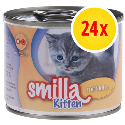Konzerva smilla Kitten mit Huhn, 24x, s obrázkem kotěte a textem mit Taurin na obalu.