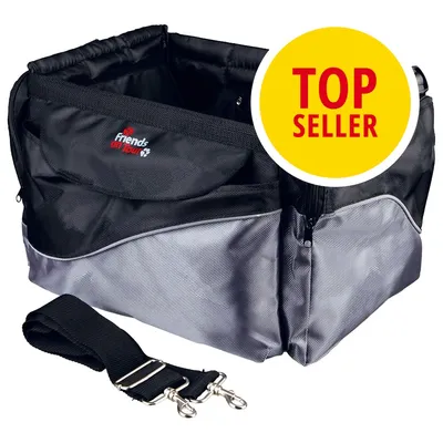 Torba transportowa Friends on Tour z czarno-szarej tkaniny, odpinany pasek, żółty okrągły znak z napisem TOP SELLER.