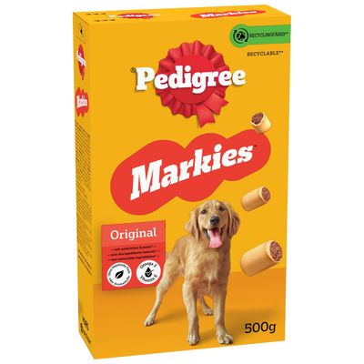 Pedigree Markies, köstlich gefüllte Hundekekse mit Markknochengeschmack, 500 g Packung.