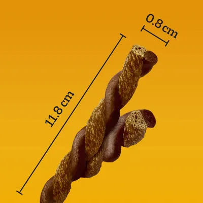 Tuotteen mitat: pituus 11,8 cm, halkaisija 0,8 cm. Kierteinen välipala ruskean ja kullan sävyissä.