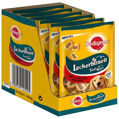 Pedigree Leckerbissen Tasty Minis, aromă de vită și carne de pasăre, Fresh Pack, 6 x 155 g = 0,93 kg, sub 5% grăsime.