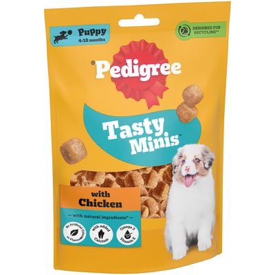 Pedigree Dentastix Daily Sticks, Pedigree Ranchos Cubes with Chicken, Pedigree Jumbone Chews. Note: Adjust the main meal when giving treats.