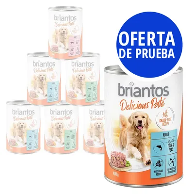 Latas de Briantos Delicious Paté para perros, receta sin cereales, variedad Adult con pescado y guisantes, 400 g. Etiquetas: sin azúcar añadido, sin aromas artificiales. Oferta de prueba.
