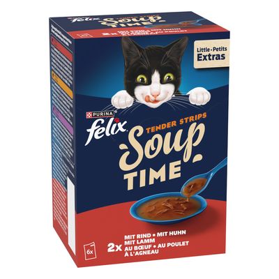 Purina Felix Soup Tender Strips, 6x48g. 2x z dorszem, tuńczykiem, stornią. Opakowanie przeznaczone do recyklingu.