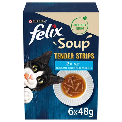 Purina Felix Soup Tender Strips, 6x48g. 2x mit Kabeljau, Thunfisch, Scholle. Verpackung zum Recyceln bestimmt.