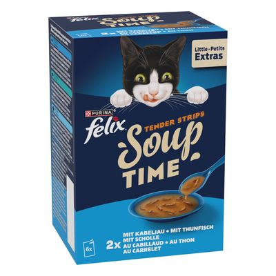 Purina Felix Soup Tender Strips, 6x48g. 2x mit Kabeljau, Thunfisch, Scholle. Verpackung zum Recyceln bestimmt.