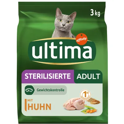 Ultima Sterilisierte Adult 3 kg, affinity, Gewichts­kontrolle, mit Huhn. Immagine di un gatto grigio, pollo crudo, piselli e carote. Testo in tedesco.