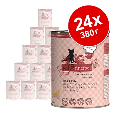 24 консерви по 380 г catz finefood Gans & Pute. Видими надписи: Goose & Turkey, N°603, 95 % месо, без добавена захар, без изкуствени аромати. 24 консерви по 380 г catz finefood Gans & Pute. Видими надписи: Goose & Turkey, N°603, 95 % месо, без добавена захар, без изкуствени аромати.