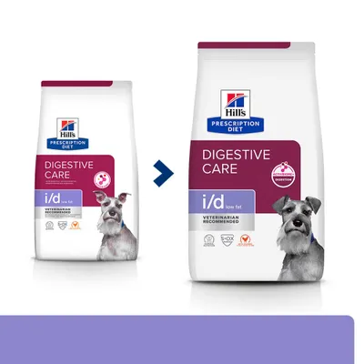 Hill's Prescription Diet Digestive Care i/d basso contenuto di grassi. Raccomandato dai veterinari. Due diverse confezioni con immagine di cane e simboli per digestione, S+OX, veterinario.