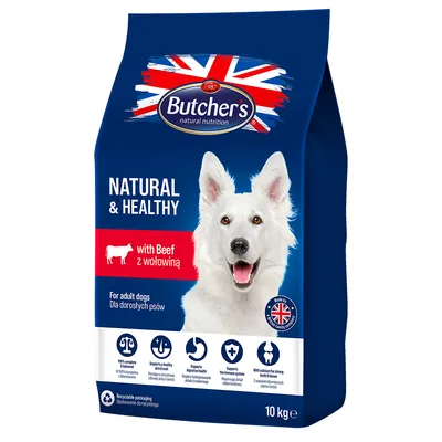 Butcher's Natural & Healthy hondenvoer met rund, voor volwassen honden. Made in UK, 10 kg. Ondersteunt spijsvertering, immuunsysteem en sterke botten. Verpakking recyclebaar.