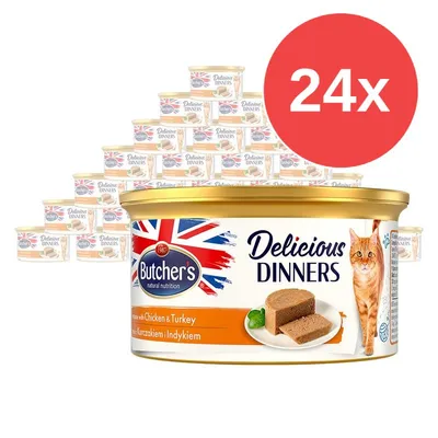 Butcher's Delicious Dinners s kuřecím a krůtím, balení 24× konzerva pro kočky. Na etiketě obrázek kočky a porce paštiky.