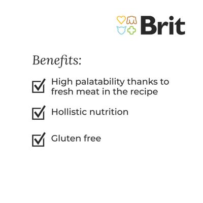 Опаковка Brit Fresh Duck with Millet за активни кучета, суперпремиум формула. Видими текстове: Fresh Duck, Run & Work, без глутен, царевица, соя, изкуствени аромати и консерванти.