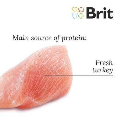 Brit Fresh Turkey with Pea kutyatáp csomagolás, Fit & Slim, superpremium formula, látható pulykahús és zöldség képpel. Látható: NO corn, soy, wheat, gluten, artificial additives.