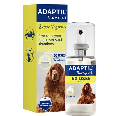 Adaptil Transport spray, 60 mL, approximately 50 uses. Text on packaging states: Comforts your dog in stressful situations. Veterinary recommended. Adaptil Transport spray, 60 mL, approximately 50 uses. Text on packaging states: Comforts your dog in stressful situations. Veterinary recommended.