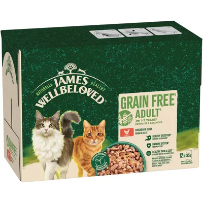 James Wellbeloved Grain Free Adult 1-7 Years, Chicken in Jelly, hypoallergenic, healthy digestion, immune system, healthy coat, 12 x 85g, no artificial additives. James Wellbeloved Grain Free Adult 1-7 Years, Chicken in Jelly, hypoallergenic, healthy digestion, immune system, healthy coat, 12 x 85g, no artificial additives.