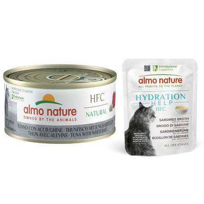Almo Nature HFC Natural, atlantický tuňák, 100% zisku pro přírodu. Plechovka s motivem kočky.