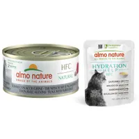 Almo Nature HFC Natural 6 x 70 g pour chat + Hydration Help 6 x 50 g à 15 % de remise ! - thon, alevins de sardines (6 x 70 g) + bouillon de sardines avec sardines (6 x 50 g)