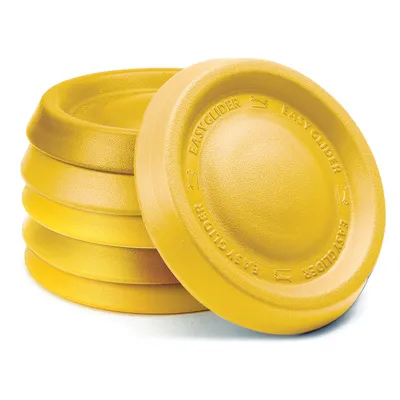 Žlutý frisbee s nápisem 'Easy Glider', stohovatelný a z plastu.