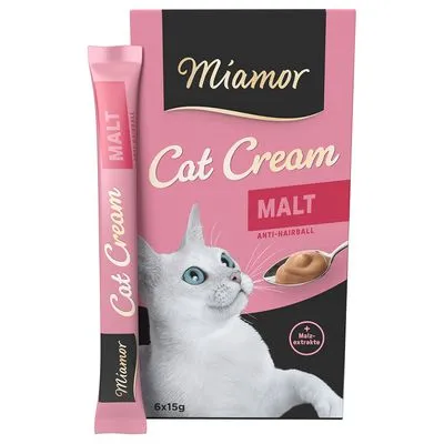 Miamor Cat Cream Malt anti-haarbal, verpakking met witte kat, 6x15g, tekst: '+ Malt-extract', stick en doos zichtbaar.
