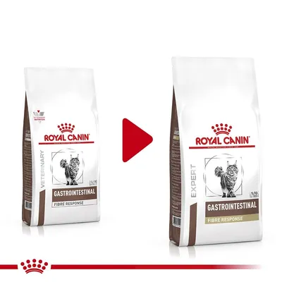 Промяна на опаковката: Royal Canin Gastrointestinal Fibre Response за котки, от VETERINARY към EXPERT. Видими са двете опаковки с изображение на котка и текстове. Промяна на опаковката: Royal Canin Gastrointestinal Fibre Response за котки, от VETERINARY към EXPERT. Видими са двете опаковки с изображение на котка и текстове.