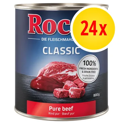 Konzerva Rocco Classic Pure beef 800 g, nápis 24x, 100% fresh ingredients & grain-free, Pure beef, Rind pur, Bœuf pur, obrázek hovězího masa