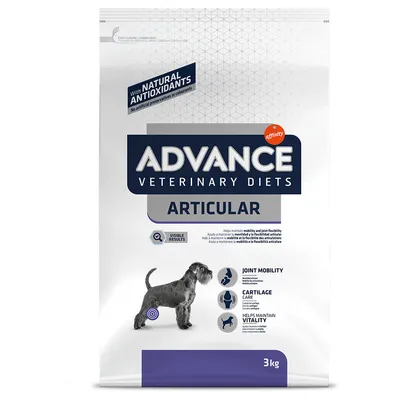Advance Veterinary Diets Articular, 3 kg. S natpisima: with natural antioxidants, visible results, joint mobility, cartilage care, helps maintain vitality. Slika psa na pakiranju.