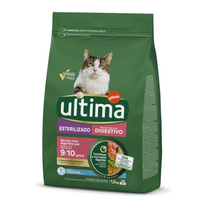 Sac de croquettes pour chat Ultima Sterilizado Digestivo, 1,5 kg, truite, orge, légumes. Texte visible : sans sucres ajoutés, colorants ni conservateurs. Marque affinity.