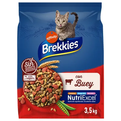 Affinity Brekkies con Buey, NutriExcel, 3,5 kg. Bez sztucznych barwników i konserwantów. Z białkiem, omega 3 i 6, witaminami A, D, E. Miska karmy, zboża i groszek na opakowaniu.