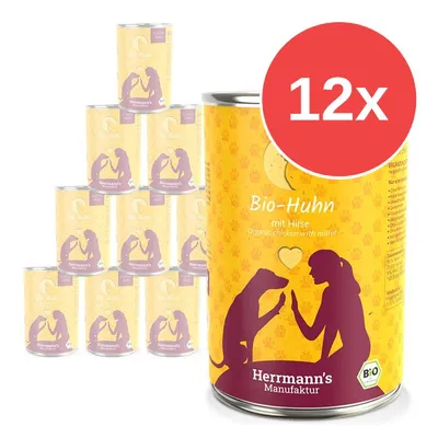 12x konzervy Herrmann's Manufaktur Bio-Huhn mit Hirse, Organic chicken with millet, žlutý obal s fialovým motivem psa a osoby, označení BIO 12x konzervy Herrmann's Manufaktur Bio-Huhn mit Hirse, Organic chicken with millet, žlutý obal s fialovým motivem psa a osoby, označení BIO