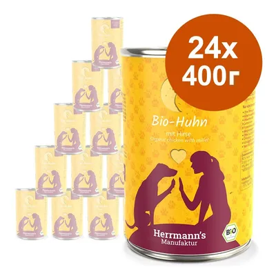 24×400 г Herrmann's Manufaktur Bio-Huhn mit Hirse – органично пилешко с просо, комплект консерви за домашни любимци. Видими надписи на немски и английски.