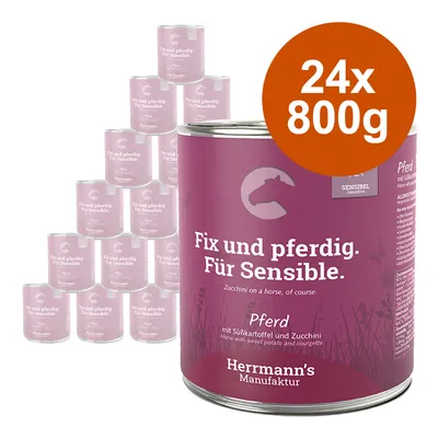 Lot de 24 boîtes Herrmann's Manufaktur, étiquette visible : Fix und pferdig. Für Sensible. Pferd mit Süßkartoffel und Zucchini, 800 g chacune.