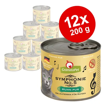 GranataPet Symphonie No. 5 Huhn pur, pakiranje 12x200 g konzervi za mačke, vidljiv natpis 'Chicken pur', bez žitarica, slika mačke na etiketi. GranataPet Symphonie No. 5 Huhn pur, pakiranje 12x200 g konzervi za mačke, vidljiv natpis 'Chicken pur', bez žitarica, slika mačke na etiketi.