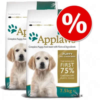 Dwie torby karmy Applaws Puppy 7,5 kg dla szczeniąt małych i średnich ras, informacja: 75 % kurczaka, duży znak procentowy na czerwonym tle oznaczający promocję.