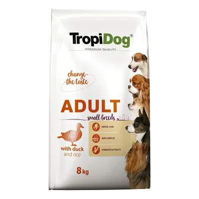 TropiDog Adult Small Breeds s kachnou a rýží, 8 kg. Vlastnosti: péče o zuby, komplex pro kůži, síla a vitalita. Premium Quality. TropiDog Adult Small Breeds s kachnou a rýží, 8 kg. Vlastnosti: péče o zuby, komplex pro kůži, síla a vitalita. Premium Quality.