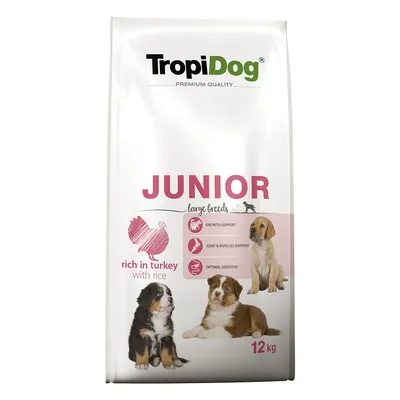 TropiDog Premium Quality Junior Large Breeds, богата на пуйка с ориз, подпомага растежа, ставите и мускулите, както и храносмилането. Опаковка: 12 кг. TropiDog Premium Quality Junior Large Breeds, богата на пуйка с ориз, подпомага растежа, ставите и мускулите, както и храносмилането. Опаковка: 12 кг.