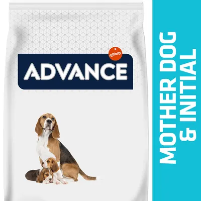 ADVANCE affinity -koiranruokapakkaus, jossa aikuinen beagle ja kaksi pentua. Teksti: MOTHER DOG & INITIAL.