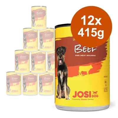 Lot de 12 boîtes JosiDog Sauce Beef, 415 g chacune. Texte visible : BEEF, RIND | BOEUF | WOLOWINA, ADULT, JOSIDOG Powered by Josera Germany, Climate Neutral Production.