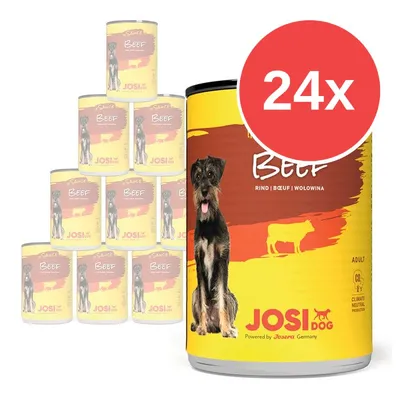 24x konzervy JosiDog Sauce Beef s obrázkem psa a nápisy Beef, Rind, Beuf, Wolowina, JosiDog, Powered by Josera Germany. Na etiketě silueta krávy. 24x konzervy JosiDog Sauce Beef s obrázkem psa a nápisy Beef, Rind, Beuf, Wolowina, JosiDog, Powered by Josera Germany. Na etiketě silueta krávy.
