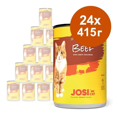 Комплект 24 консерви JosiCat Beef по 415 г. Жълта опаковка с изображение на котка и надписи: Beef, Rind, Bœuf, Wołowina, JosiCat, Adult.