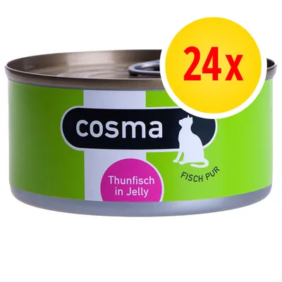 cosma Thunfisch in Jelly FISCH PUR, blik kattenvoer, verpakking met 24 stuks zichtbaar op het etiket