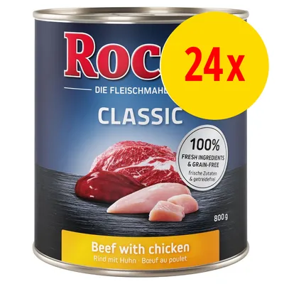 Rocco Classic Beef with chicken, 24x800g. 100% fresh ingredients & grain-free. Rind mit Huhn, Boeuf au poulet. Grote gele cirkel met '24x' in rood.