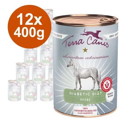 Terra Canis Diabetic diétás ló, 12x400g konzerv. 100% élelmiszer-minőségű alapanyagok, állatorvosokkal fejlesztve. Alkalmas diabetes mellitusra.