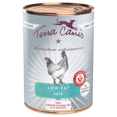 Boîte Terra Canis alimentum veterinarium, LOW FAT Huhn, illustration de poule, texte 100% Lebensmittelqualität aller Rohstoffe, recommandé par vétérinaires (texte en allemand). Boîte Terra Canis alimentum veterinarium, LOW FAT Huhn, illustration de poule, texte 100% Lebensmittelqualität aller Rohstoffe, recommandé par vétérinaires (texte en allemand).