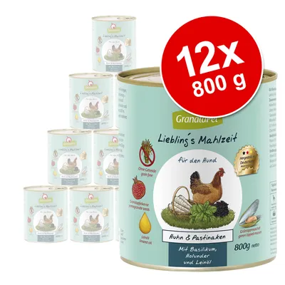 Pack de 12 latas GranataPet Lieblings Mahlzeit Huhn & Pastinaken, 800 g cada. Rótulo com imagem de frango, pastinaca e ingredientes visíveis. Texto em alemão no rótulo.