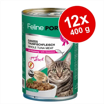 Feline Porta 21, hel tonfiskkött med sjögräs, 12 x 400 g. Text på burken: 'no added sugar', 'whole tuna meat', 'mit Seetang / with Seaweed'. Bild på katt och skål med mat.