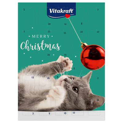 Vitakraft Adventskalender für Katzen mit Aufschrift 'Merry Christmas', roter Weihnachtskugel und spielender Katze. Türchen von 1 bis 24 sichtbar.